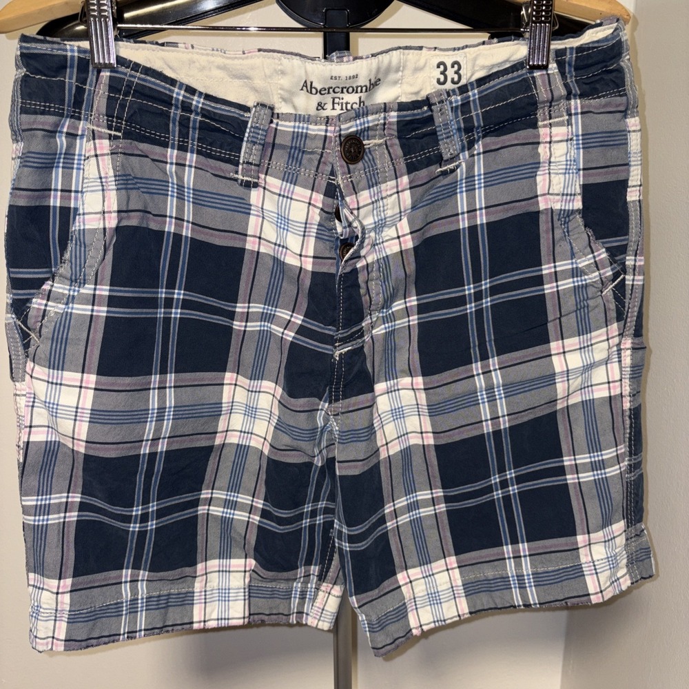 Abercrombie & Fitch Plaid Chino Shorts Mens 32 Blue Button Fly 10" Inseam